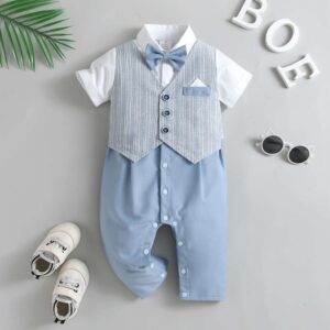 Boys Blue and White Stripe Print Footie with Bow