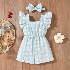 Girls Blue Floral Embroidered Playsuit With Headband