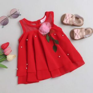 Girls Red Sleeveless Floral Applique Casual Dress