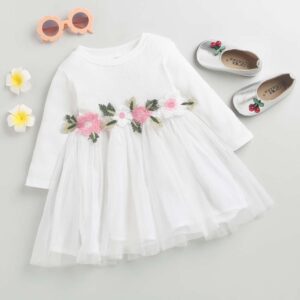 Girls White Full-Sleeve Solid Casual Dress