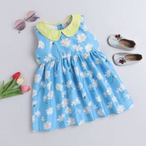 Girls Blue Floral Print Sleeveless Casual Dress