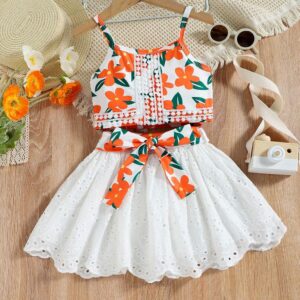 Girls White Floral Print Slim Fit Blouse and Skirt Set